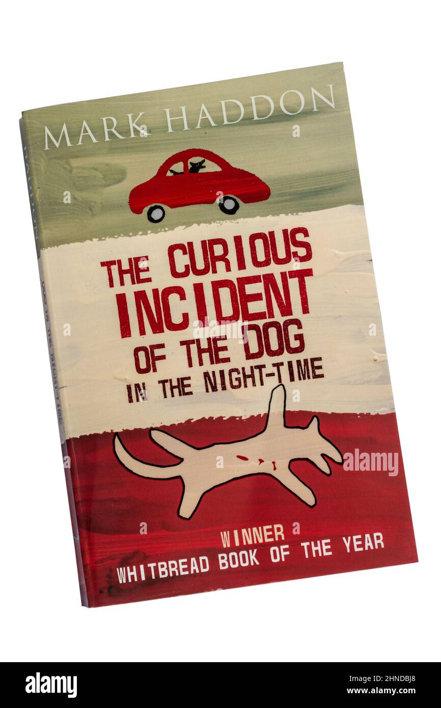The Curious Incident of the Dog in the Night-Time, libro de Mark Haddon. Tapa de libro de la novela del papel en fondo blanco. Foto de stock