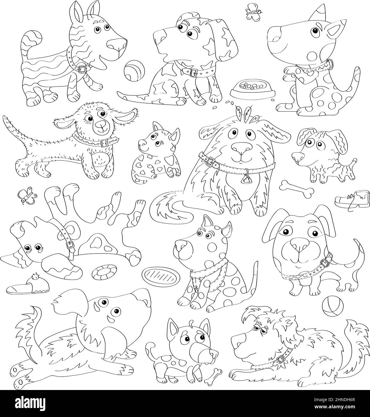 Esbozado doodle anti-estrés para colorear página perros lindos. Página de libro para colorear para adultos y niños Ilustración del Vector