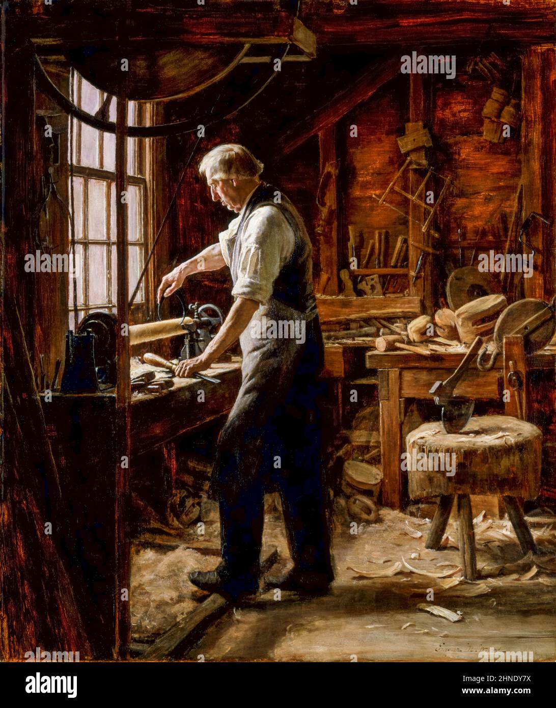 El Blockmaker, óleo sobre pintura de lienzo de Edgar Melville Ward, antes de 1915 Foto de stock