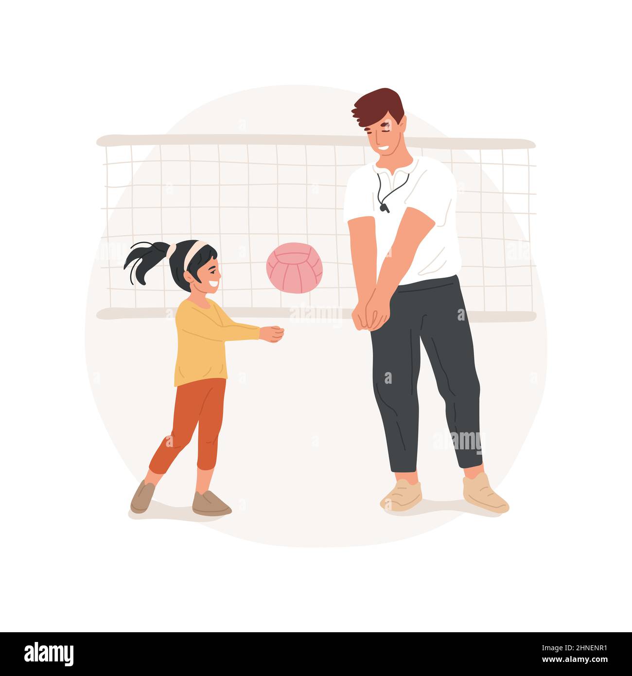 Voleibol ilustración de vector de caricatura aislada La maestra explica a  la chica cómo lanzar la pelota, electivas de deporte escolar, niños  entrenando en un gimnasio, caricatura de vector de clase de