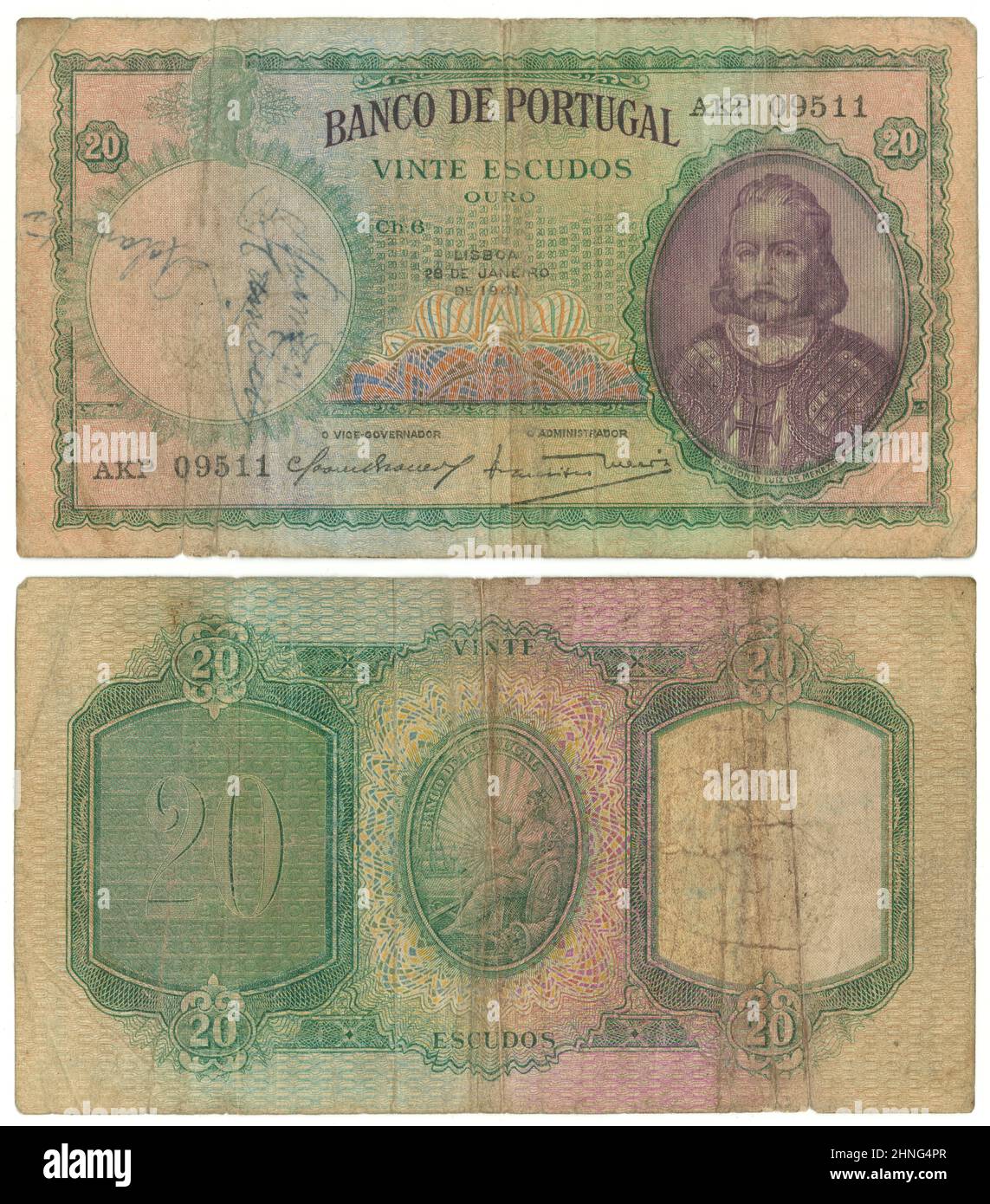 1941, Veinte Escudos nota, Portugal, anverso y reverso. Tamaño real: 135mm x 75mm. Foto de stock