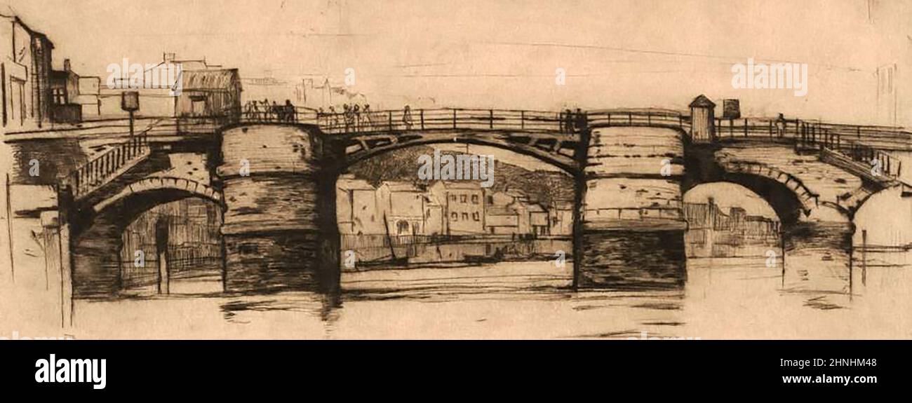 Un dibujo artístico del antiguo puente de piedra en Whitby, Yorkshire. Se extiende por el río Esk y fue supersceded por el actual (2022) puente colgante y siguió otros puentes antiguos en el mismo sitio, incluyendo un puente monástico de caballito y un puente de elevación de estilo holandés de madera que une las orillas este y oeste de la ciudad. Justo fuera del sitio a la izquierda de la imagen estaba una antigua capilla del puente, más tarde utilizada como bóvedas de vino de Falkingbridges. Foto de stock