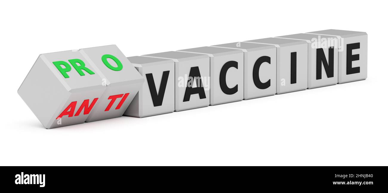 Concepto de vacuna contra el coronavirus covid-19. Cubos con palabras: Vacunación, anti, pro. 3d renderizado Foto de stock