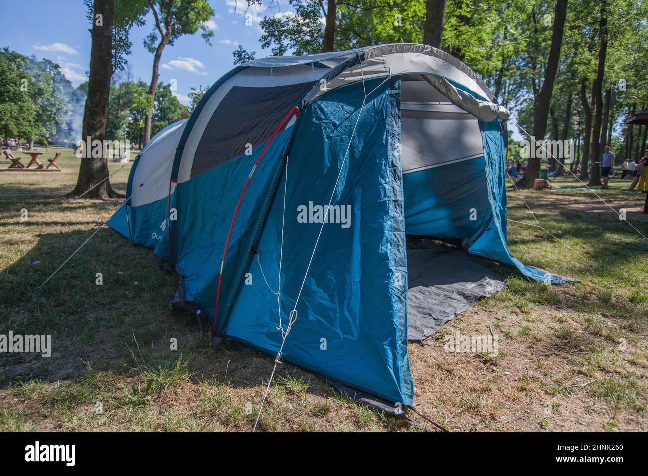 Tienda de camping en el campamento salvaje que rodea el bosque de pinos a la luz del día de verano Foto de stock