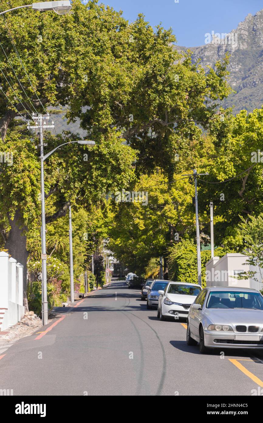 Calle en Claremont, Ciudad del Cabo, Sudáfrica. Clima soleado. Foto de stock