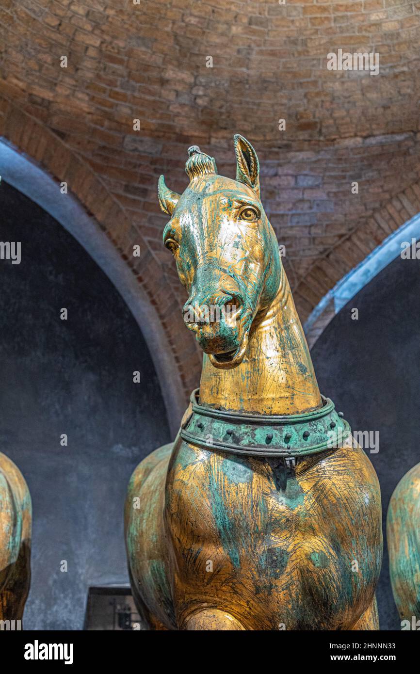 Antiguos caballos de bronce en el interior de la Basílica de San Marco en Venecia. Famoso cuadriga de Constantinopla. San Marco o la Basílica de San Marcos es el principal monumento de Venecia Foto de stock