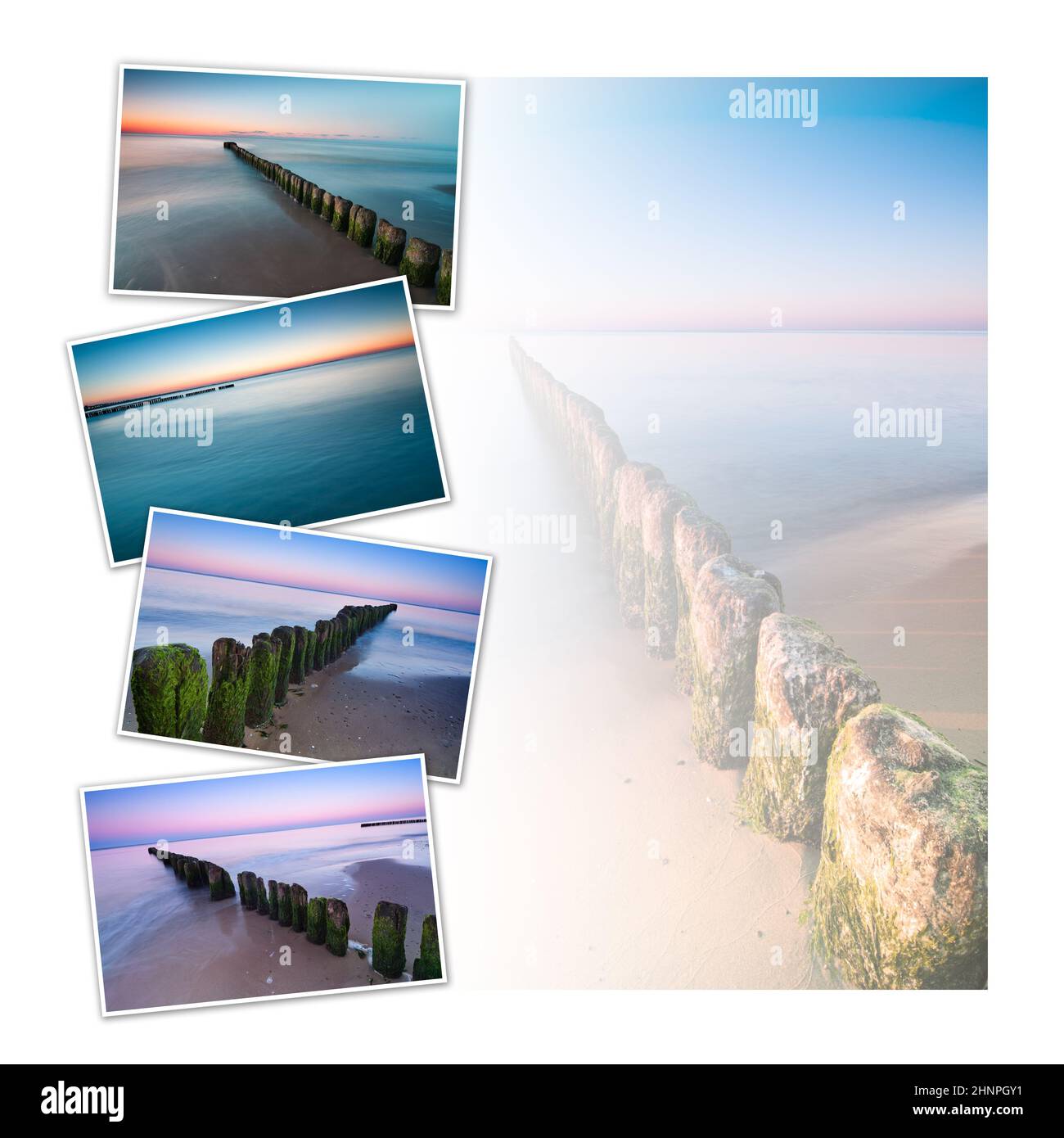 Diseño collage de postales con cuatro imágenes de rompeolas a orillas del Mar Báltico Foto de stock