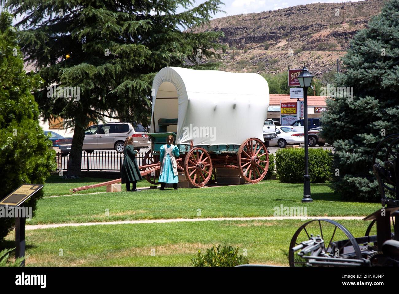 Visita al Museo del Huracán con un viejo vagón cubierto de los primeros colonos Foto de stock