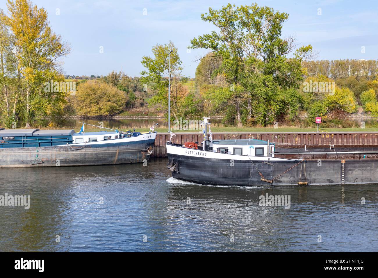 Barcos de carga que pasan por el río Main en Gustavsburg, Alemania. Foto de stock