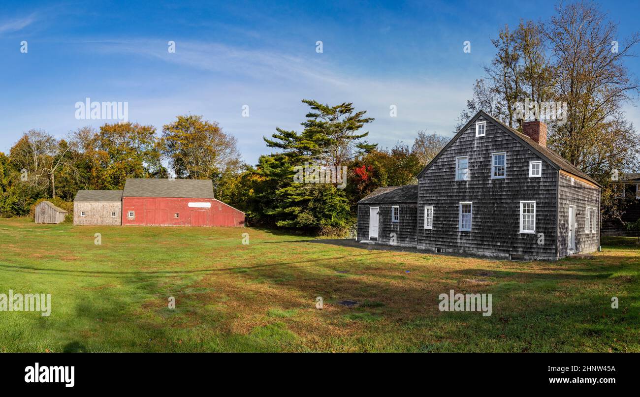 Vista panorámica de las pintorescas casas típicas en el pequeño pueblo de Amargansett en los Hamptons. Foto de stock