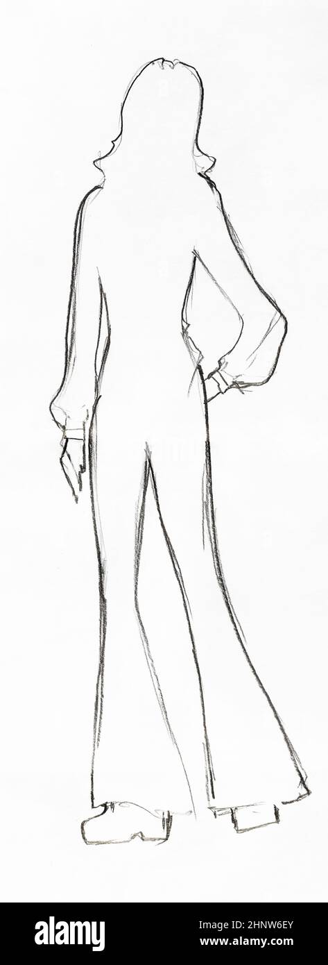 Contorno de la silueta de moda de la mujer del 70s del siglo XX dibujado a mano con lápiz de grafito negro sobre papel blanco Foto de stock