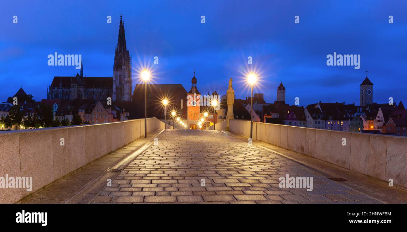 Puente de Piedra Nocturno, Catedral y Casco Antiguo de Regensburg, Baviera Oriental, Alemania Foto de stock