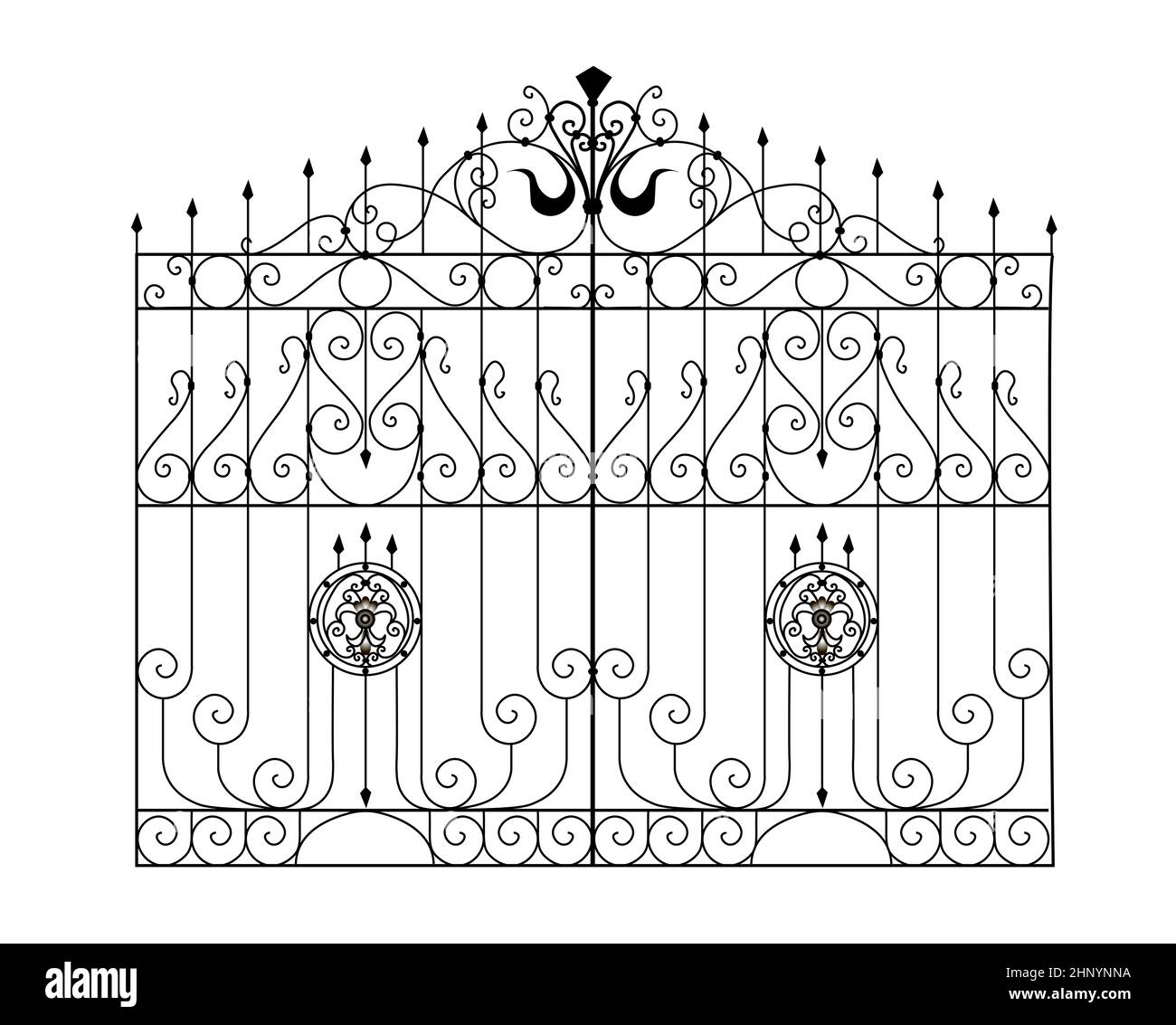 Boceto de puertas de metal, puerta de jardín de doble hoja, original, ilustración de productos forjados Foto de stock