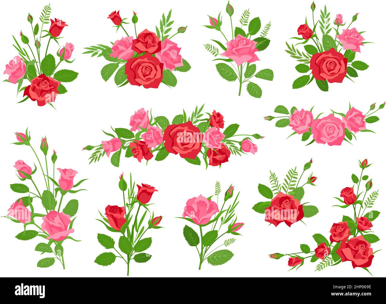 Ramos de flores de color rosa y rojo con hojas y hierba. Ramo romántico vintage con flores y brotes. Rosas decoración vector conjunto de verano Ilustración del Vector