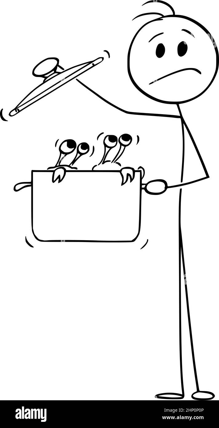 Persona o cocinero que sostiene la olla que cocina con el marisco o las criaturas extrañas, ilustración de la figura del cartoon del vector Ilustración del Vector