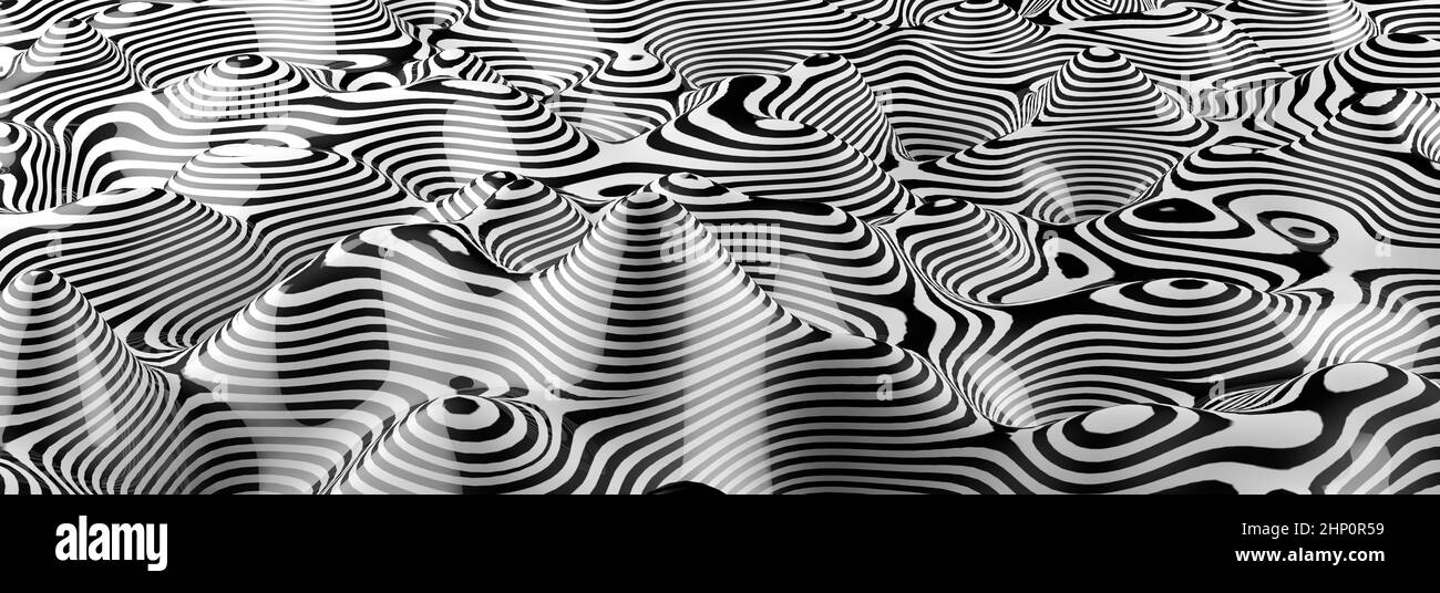 Arte óptico abstracto fondo ola diseño en blanco y negro.Resumen 3D ilustración fondo geométrico. Foto de stock