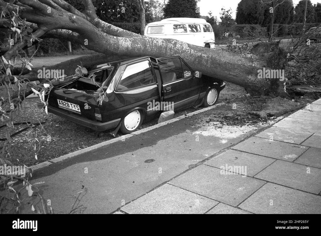 Foto del archivo fechada el 16/10/1987 de un coche aplastado por un árbol que cae después de la Gran Tormenta de 1987. Fecha de emisión: Viernes 18 de febrero de 2022. Foto de stock