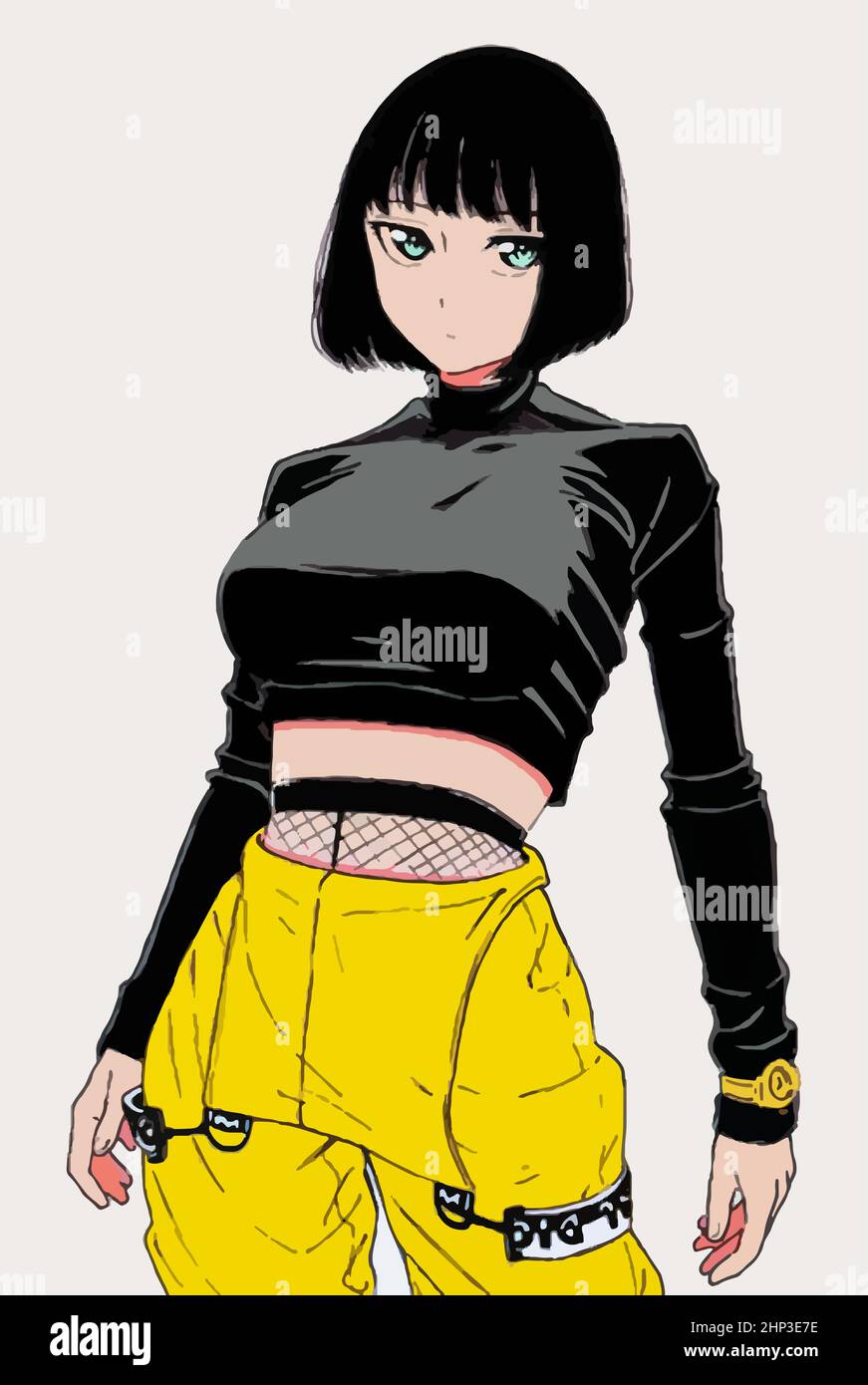Chica de anime con estilo en jumpsuit amarillo Imagen Vector de stock -  Alamy