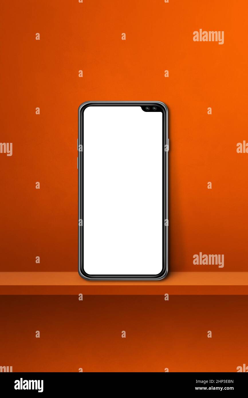 Teléfono móvil sobre estante de pared naranja. Fondo vertical. 3D Ilustración Foto de stock