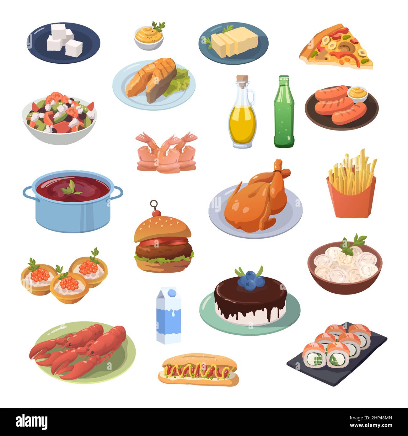 Juego de diferentes alimentos sobre fondo blanco - ilustración Foto de stock