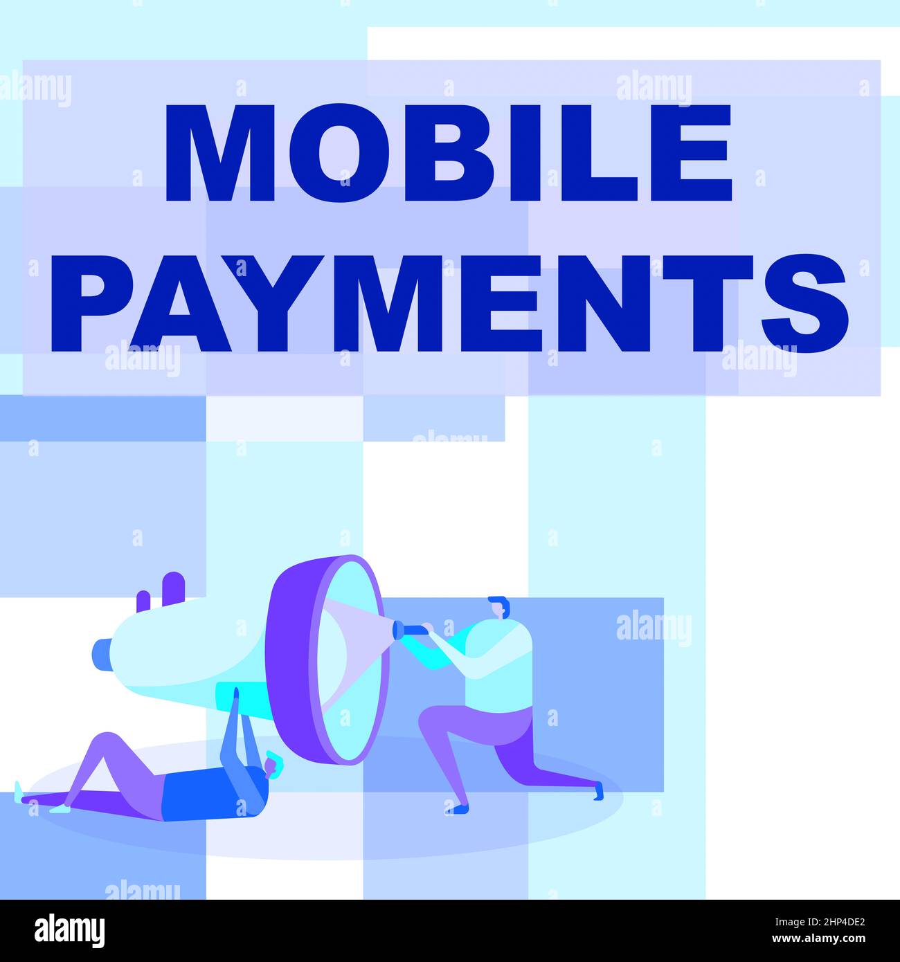 Título de texto que presenta Mobile Payments, Business resumen de la transacción financiera procesada a través de un smartphone Workers Drawing ayuda uno a otro con Foto de stock