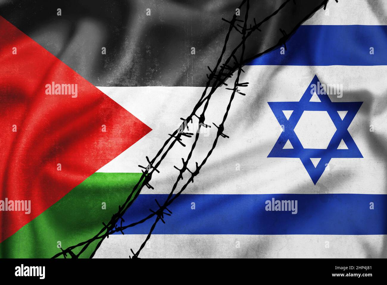 Las banderas de Grunge de Palestina e Israel divididas por la ilustración de alambre de púas, concepto de tensas relaciones entre Palestina e Israel Foto de stock