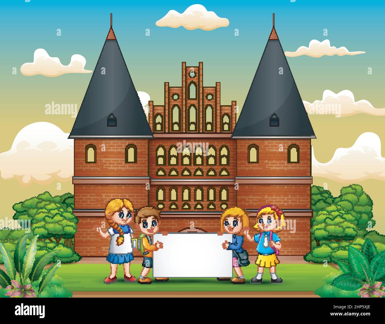 Caricatura de los niños de la escuela Feliz de pie en frente del edificio Holstentor Ilustración del Vector