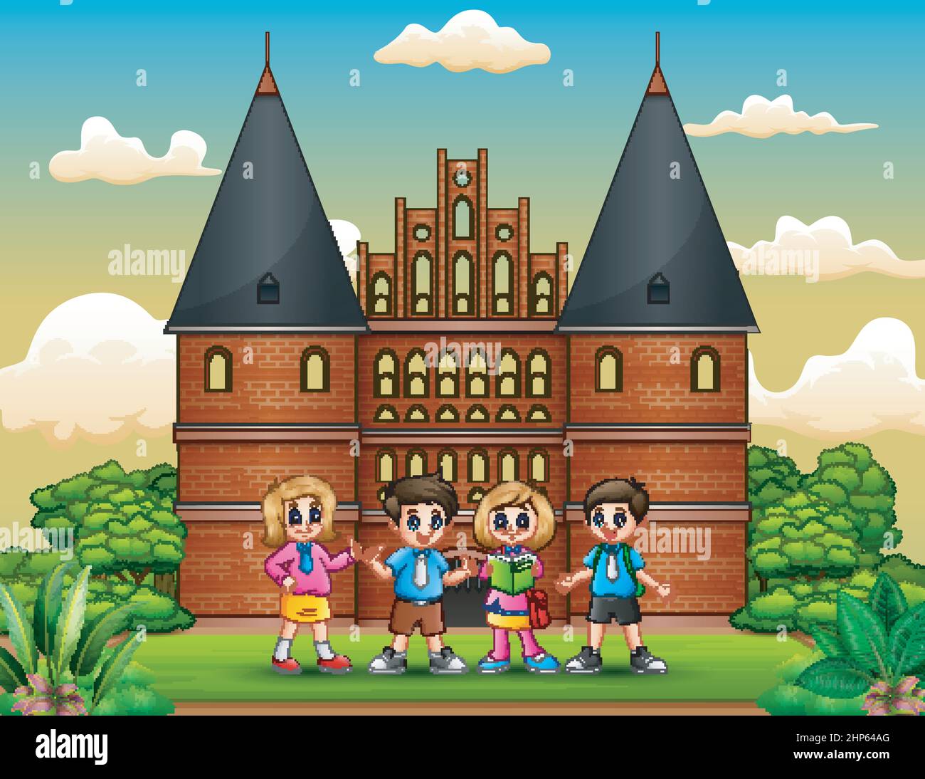 Caricatura de los niños de la escuela Feliz de pie en frente del edificio Holstentor Ilustración del Vector