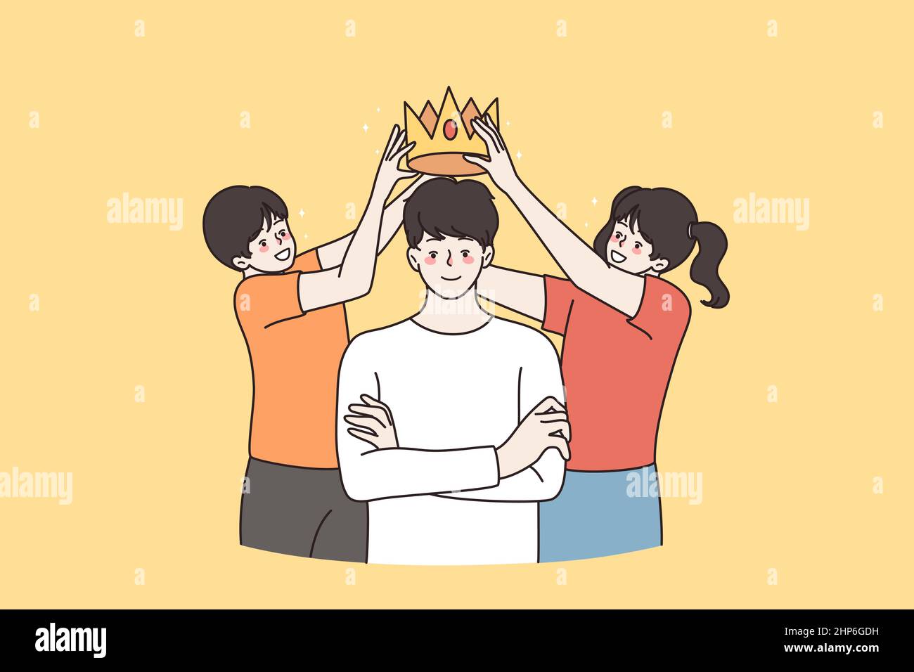 Los niños felices pusieron la corona en la cabeza amorosa del padre Ilustración del Vector
