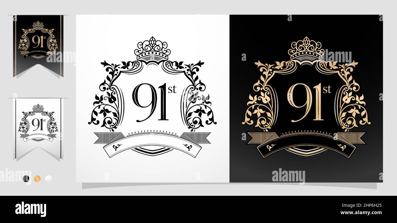 ilustración del símbolo de 91st aniversario con emblemas de corona real, dos diseños de variación de oro y monocromo con fondos aislados en blanco y negro. aplicable a tarjetas de felicitación, invitaciones, etc. Ilustración del Vector