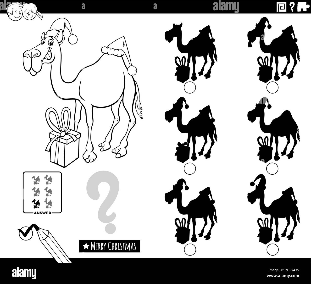 Juego de sombras con camello de dibujos animados en la página del libro de colores de Navidad Ilustración del Vector