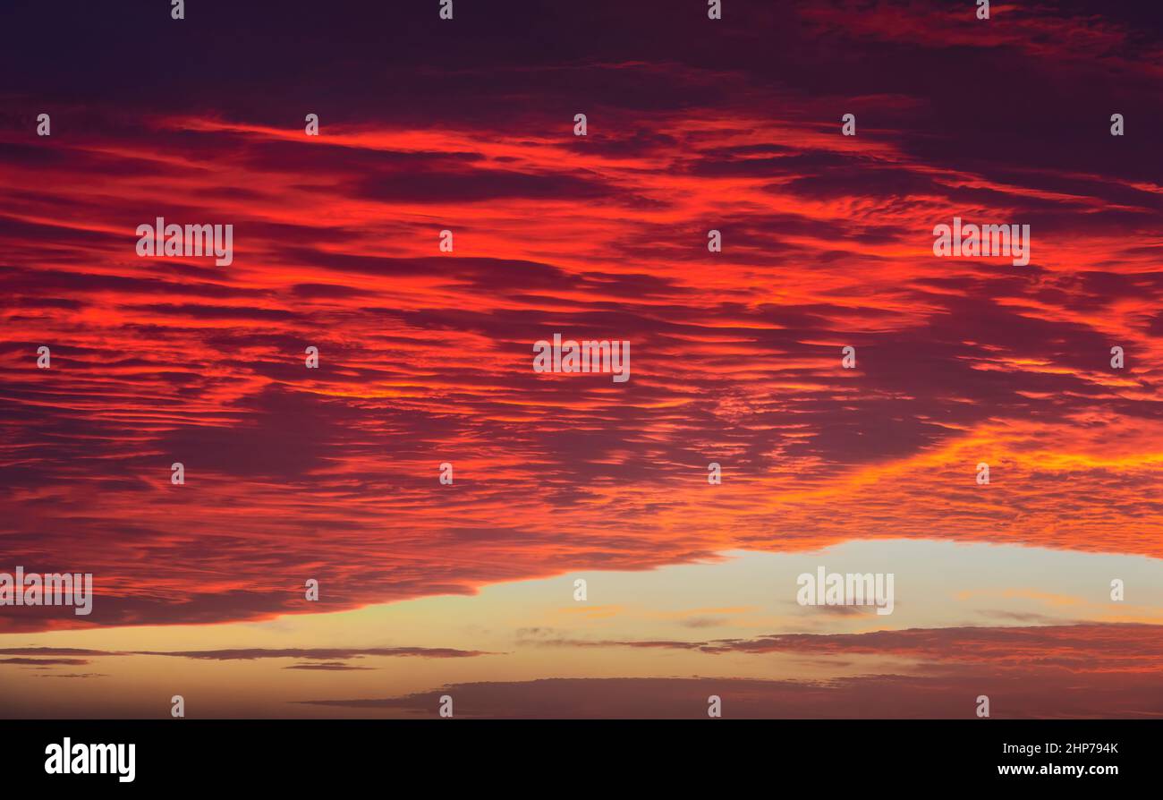 Superposición de fondo de textura del cielo al atardecer. Nubes rojas, naranjas, púrpura dramáticas. Fotografía de alta resolución perfecta para sustituir el cielo Foto de stock
