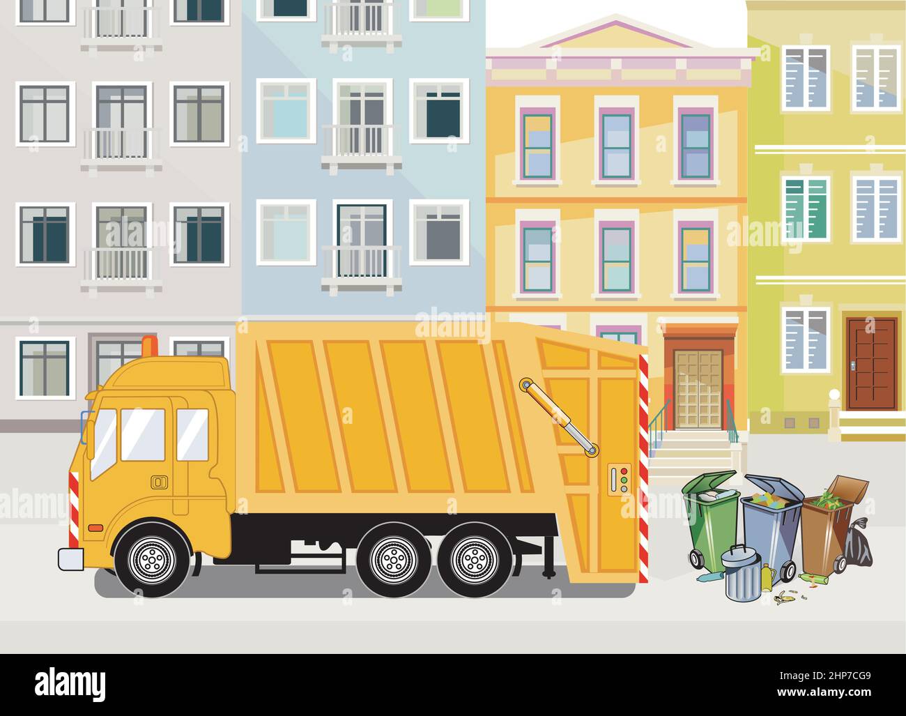 Camión de basura con cubo de basura y bolsas de basura Ilustración del Vector