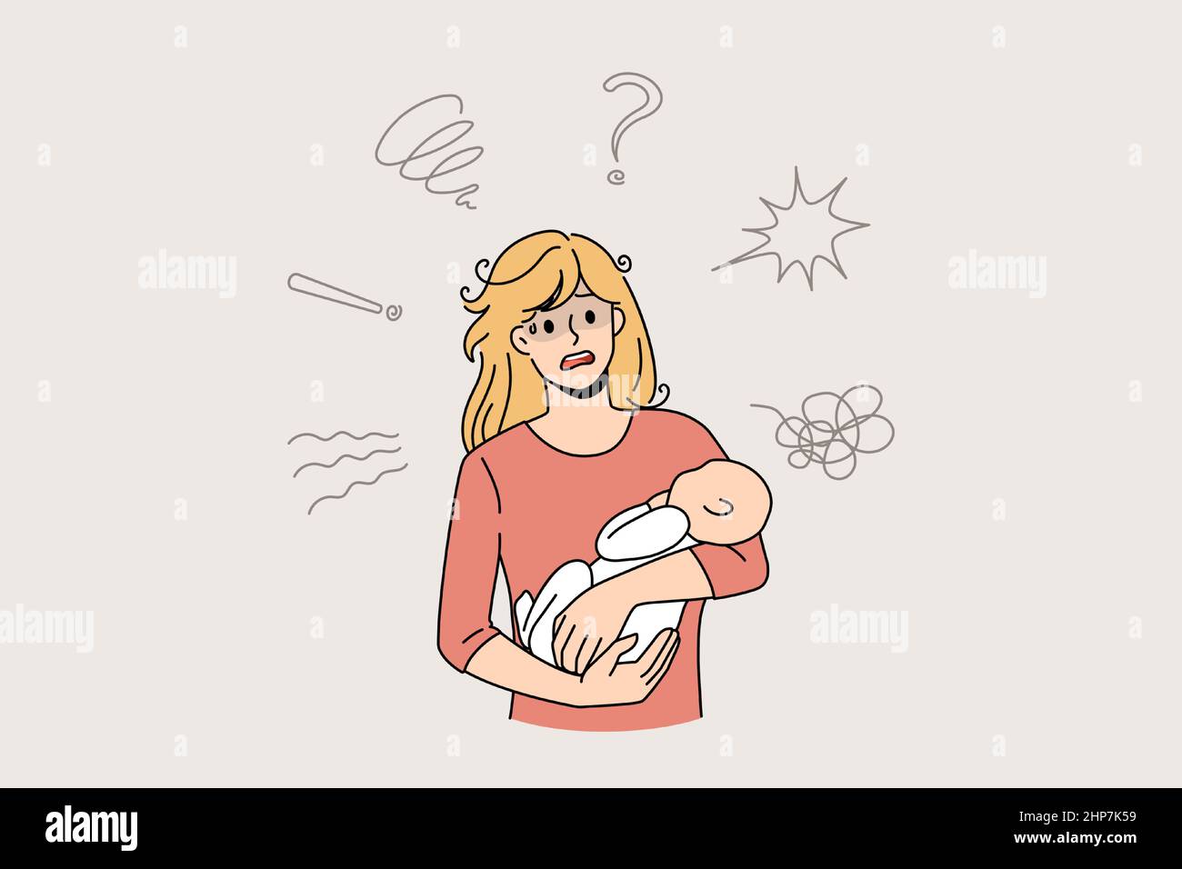 La joven madre ansiosa sufre de depresión posparto Ilustración del Vector