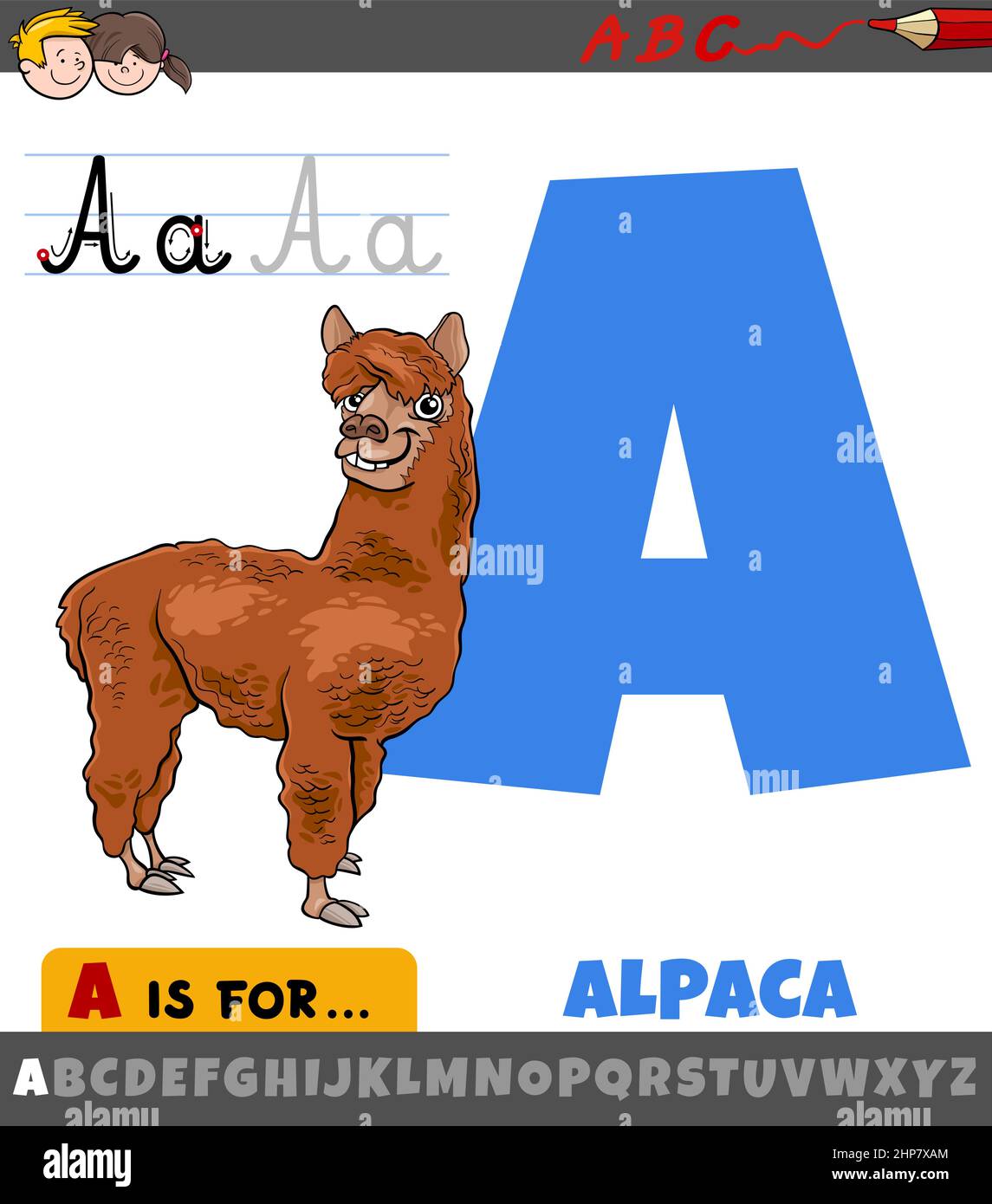 Letra A del alfabeto con animal de alpaca de dibujos animados Ilustración del Vector