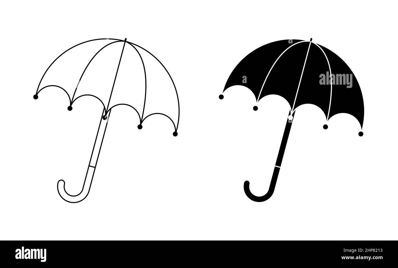 Icono de paraguas. Diseño de silueta y contorno. Símbolo de otoño de sombrilla abierta. Ilustración vectorial aislada sobre fondo blanco. Ilustración del Vector
