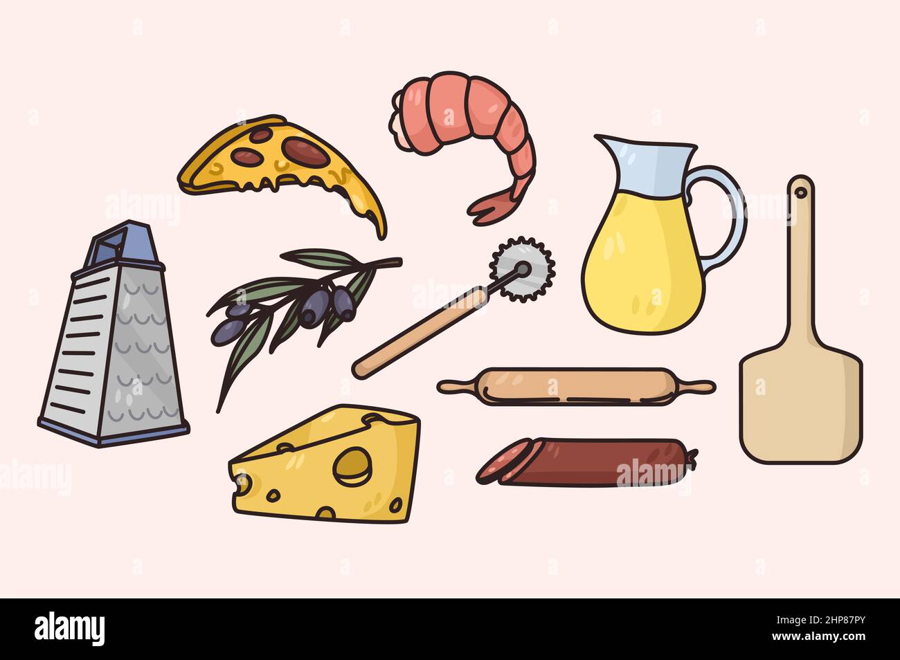 Conjunto de diversos productos y herramientas de cocina italiana Ilustración del Vector