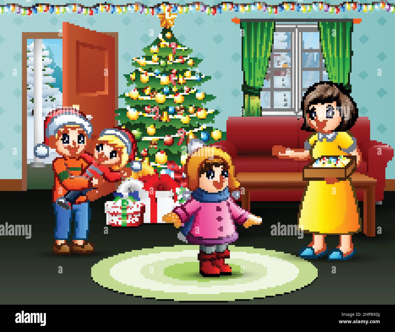 Feliz celebración familiar una Navidad en casa Ilustración del Vector