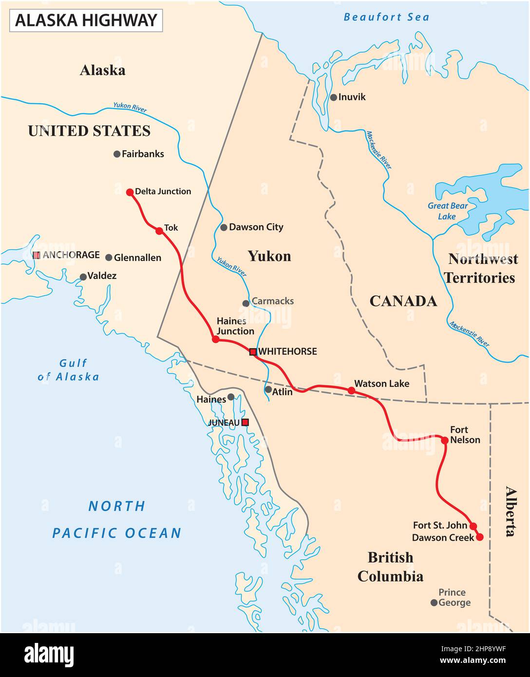 mapa vectorial de la autopista de alaska, estados unidos, canadá Ilustración del Vector