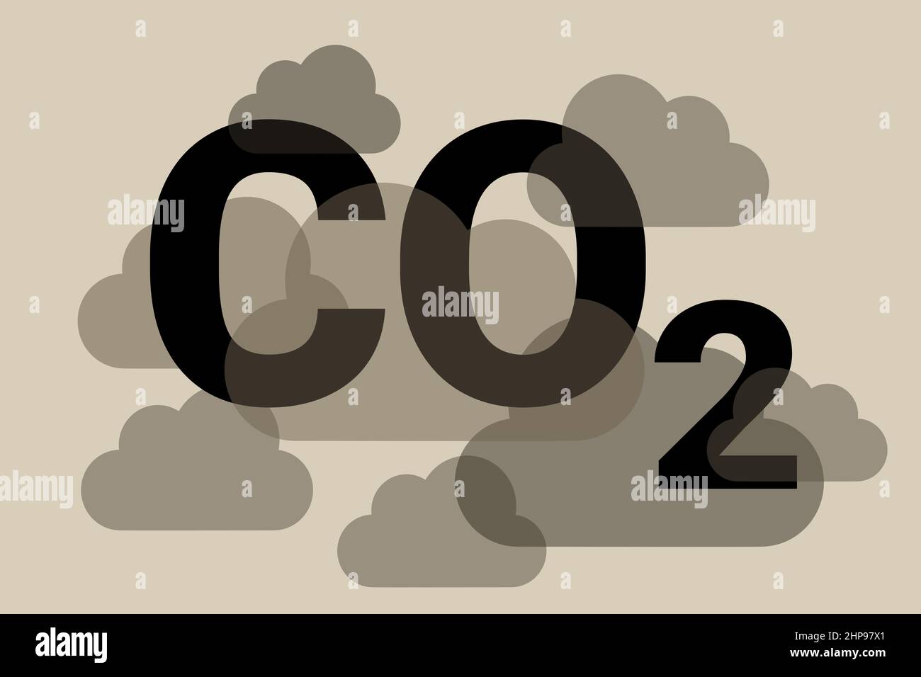 CO2, Dióxido de carbono y gases de efecto invernadero. Contaminación del aire: El aire sucio está contaminado por emisiones tóxicas, gases de escape y gases. Ilustración vectorial de nubes y t Foto de stock