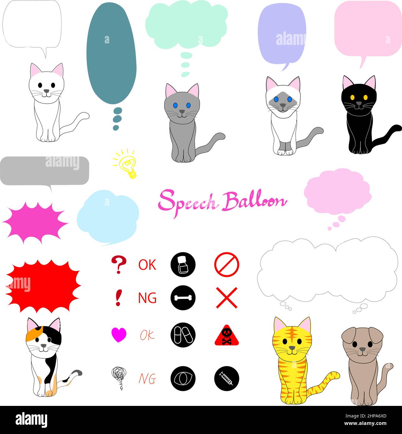 Colección de gatos delgados, iconos, y globos del discurso Foto de stock