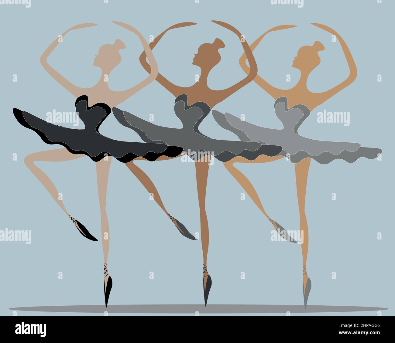 tres hermosas bailarinas. Tres Señoras Gentiles en un tutu son elegantes y elegantes en el vuelo de la danza. La belleza del ballet Ilustración del Vector