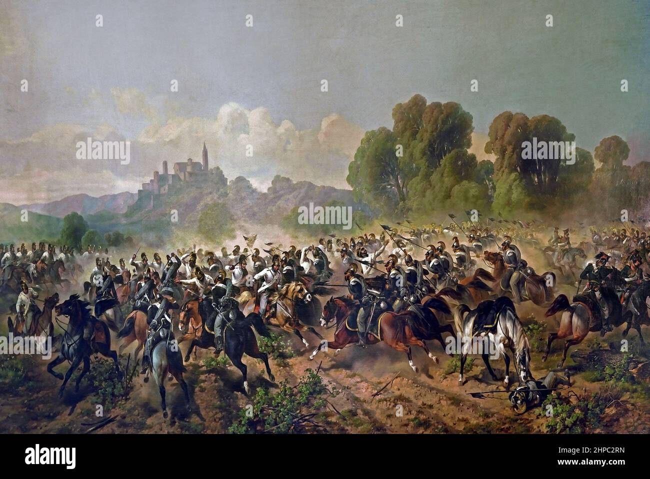 El cargo del regimiento de caballería de Génova en Volta Mantovana el 27 de julio de 1848. Pintura de Felice Cerruti Bauduc, 1858. ( Charles Albert abandonó el bloqueo de Mantua y envió una brigada a Volta, que condujo el ataque piamontés el 27 de julio, que fracasó ante un masivo contraataque austríaco. ) Foto de stock