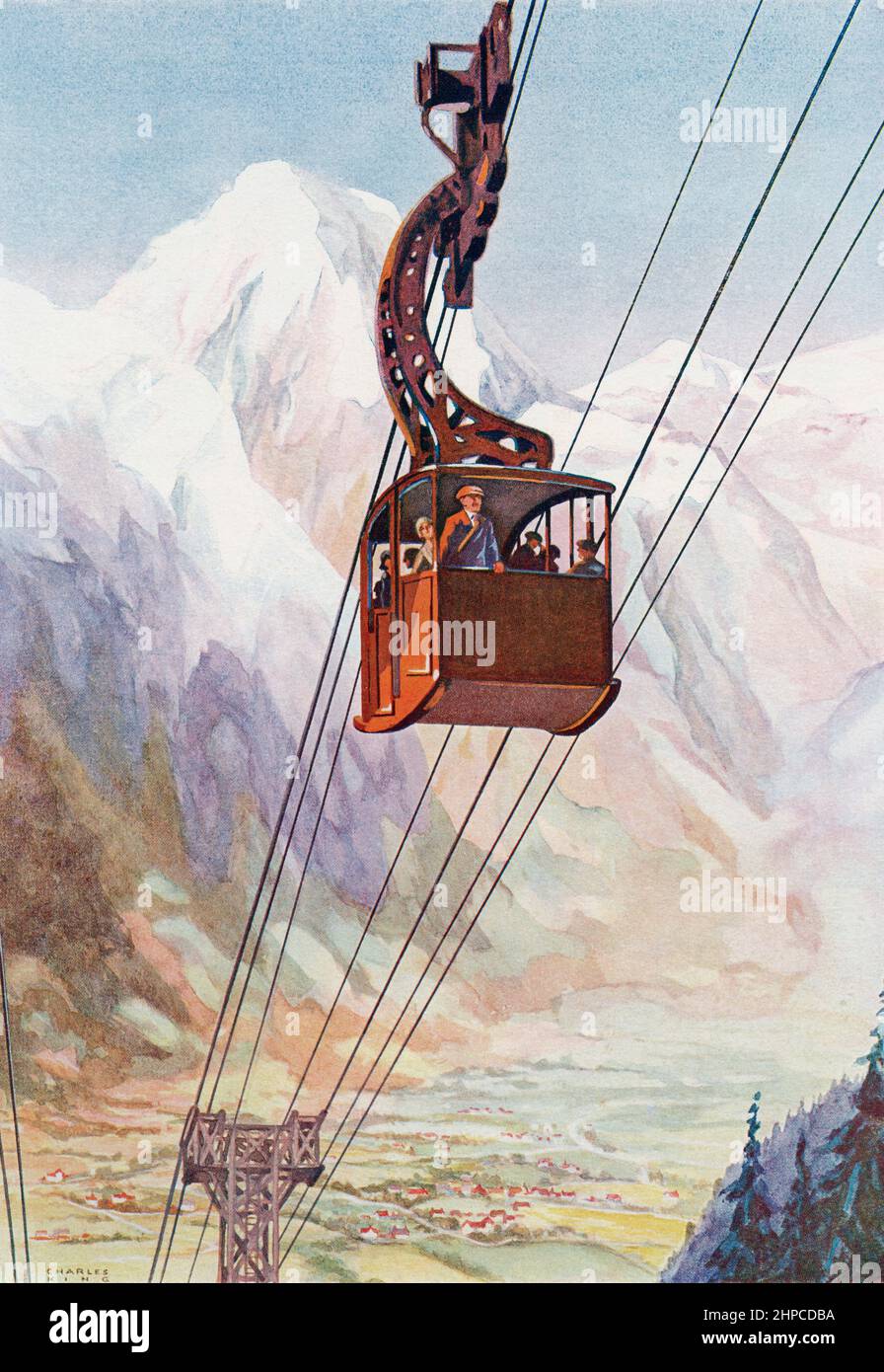 Un teleférico de montaña, Mont Blanc en el fondo. Del libro de la ciencia de la maravilla, publicado 1930. Foto de stock