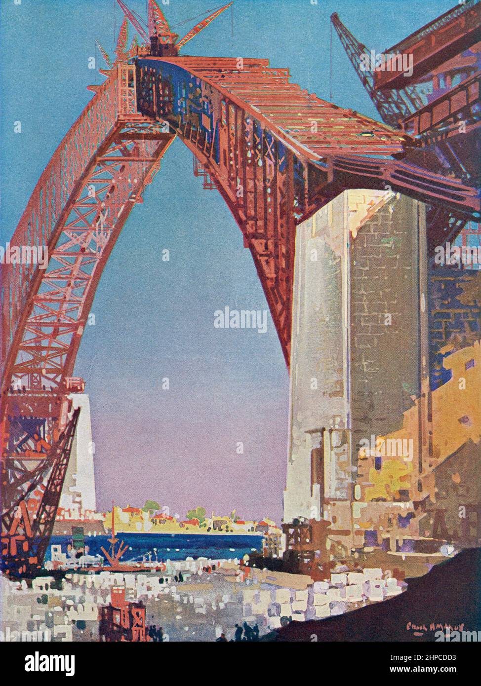 Completando el arco del puente del puerto de Sídney, Australia. Del libro de la ciencia de la maravilla, publicado 1930. Foto de stock