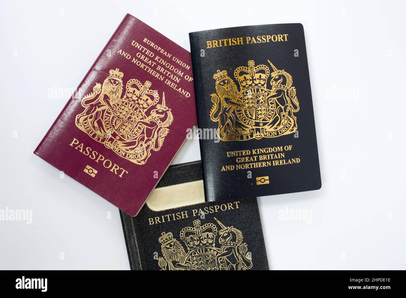 Pasaportes británicos nuevos y antiguos. Foto de stock