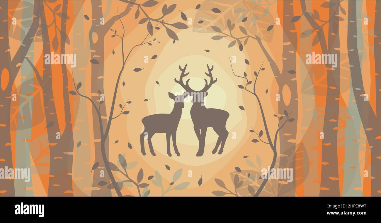 Ciervos y ciervos en el paisaje del bosque de otoño. Ilustración del paisaje de la escena de maderas de otoño mágicas. Ilustración del Vector