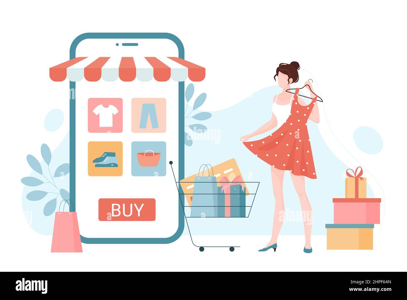 Comercio en línea, tienda de moda al por menor o aplicación de mercado y  cliente con compras. Diminuta mujer de compras para comprar ropa vía  teléfono móvil plano vector ilustración. Marketing digital,