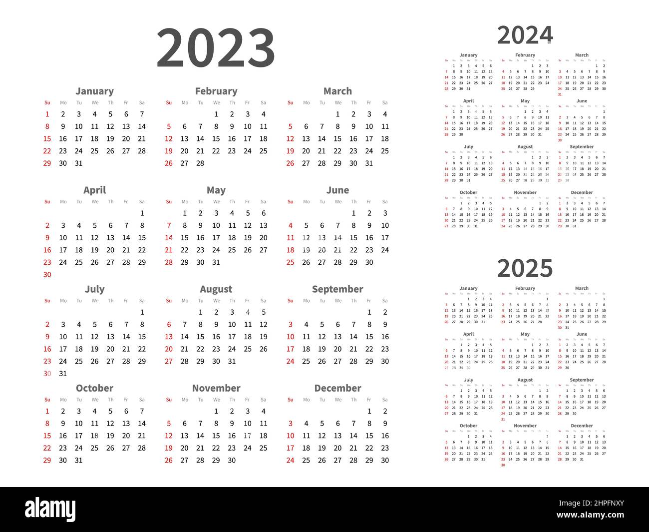Cuadrícula de calendario. 2023, 2025, 2025 años de planificación