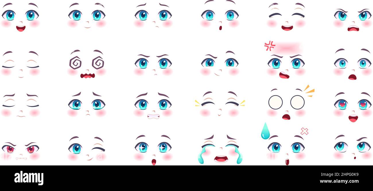 Expresiones de anime. Kawaii caras lindas con ojos labios y nariz dibujos  animados anatomía sonriente manga niñas exacta vector imágenes conjunto  aislado Imagen Vector de stock - Alamy